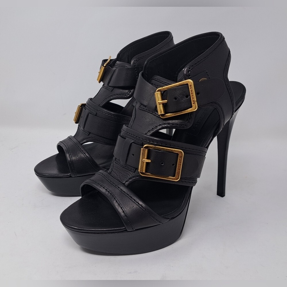 Burberry Women's Black Leather High Heels 5.5"Gold Buckle Italy 9 US 39 EU